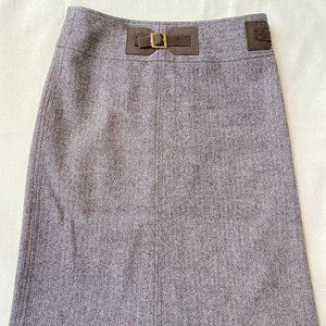 Tory Burch Preppy Brown Tan Hounds Tooth Wool Skirt with Leather Buckles, Size 0
